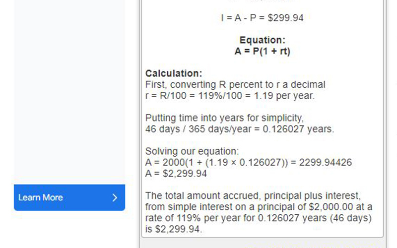 . . . which represents an interest rate of about 119 percent when calculated over 46 days.